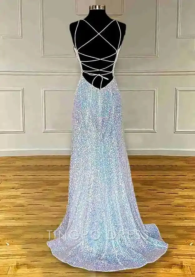 TingPo Wholesale Elegant Sheath/Column V Neck Spaghetti Straps Sweep Train Sequined Prom Dress With Pleated